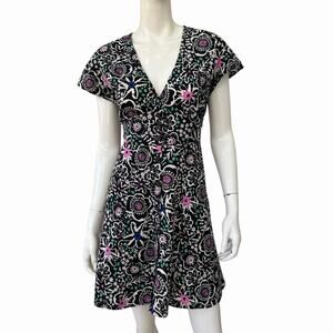 Marine Layer Camila Dress Small, Black Floral Hemp Casual, Fit & Flare